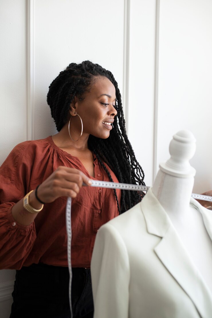 Photo créateur de mode noir mesurant un manteau blanc sur un mannequin pinnable