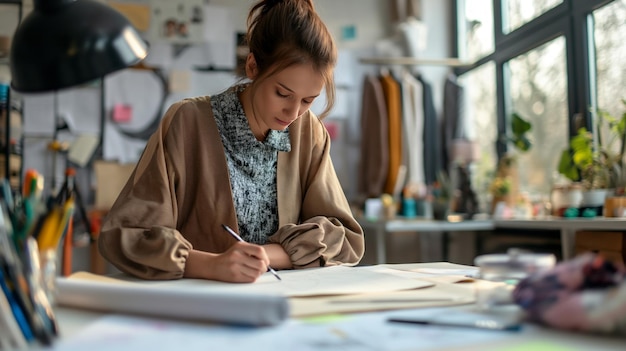 Un créateur de mode travaillant sur une nouvelle collection de vêtements dessine des idées sur une table de studio élégante