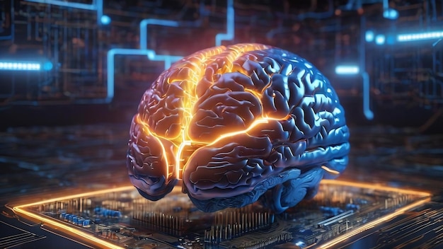 Créatif brillant cerveau bleu sur le circuit d'arrière-plan ai et innover concept de rendu 3D
