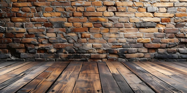 Création d'un fond chaud et texturé avec un mur de briques rustiques contre un concept de plancher en bois mur de brique rustique sol en bois fond chaud décor texturé photographie d'inspiration