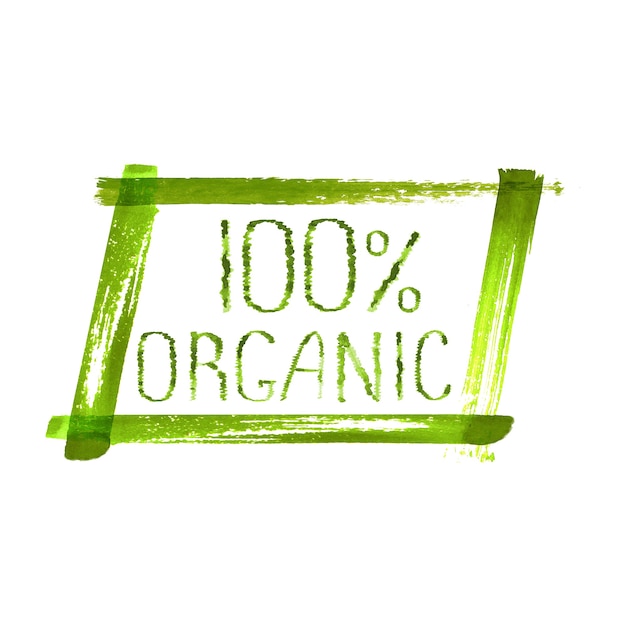 Création de logo de 100 produits biologiques. Cadre d'affiche d'emblème d'étiquette de signe dessiné main aquarelle verte sur fond blanc. Modèle de conception organique grunge brosse texture illustration isolé sur fond blanc