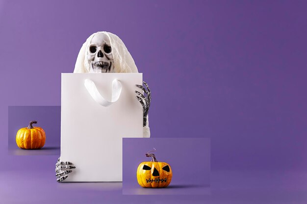 Photo creative halloween concept ghost avec sac cadeau sur fond violet avec espace de copie