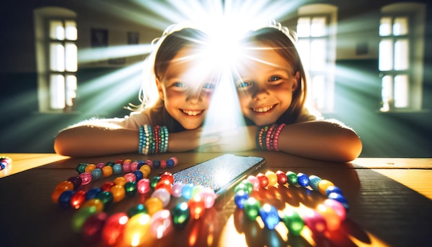 La créativité des amis d'enfance fabriquant des bracelets dans une pièce colorée