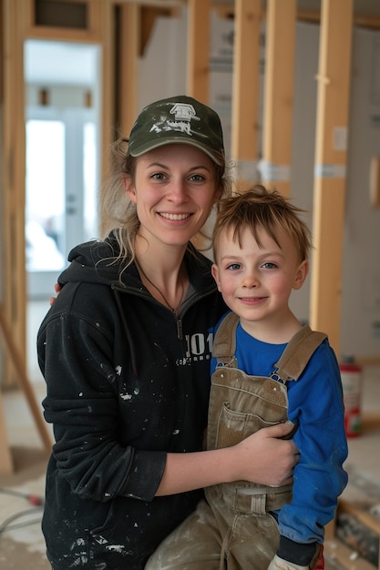 La créativité familiale Mère et fils se lient par la rénovation de la maison