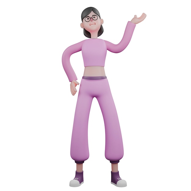 Une créatrice de costumes se tient debout avec sa main gauche ouverte et tournée vers le haut