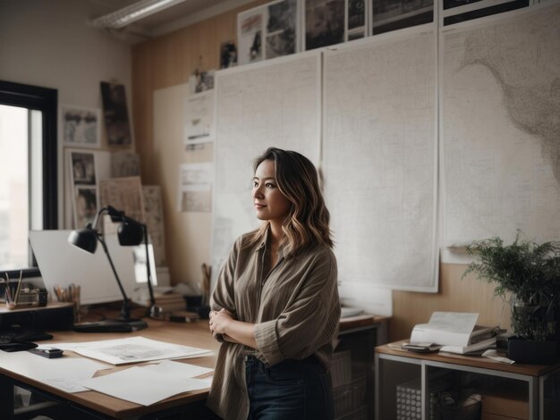 Une créatrice heureuse dans le bureau, plongée dans un moment de contemplation créative.