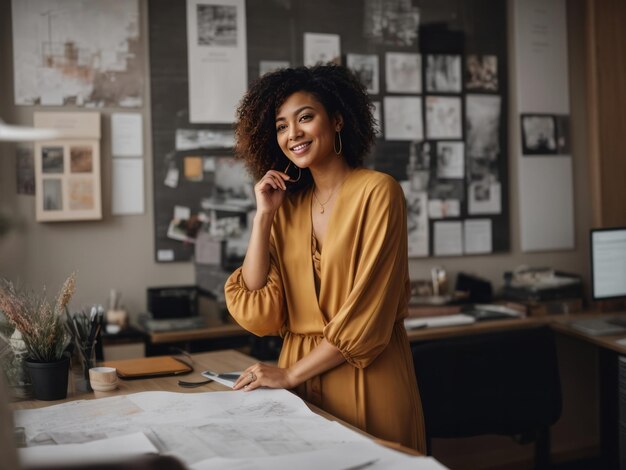 Une créatrice heureuse dans le bureau, plongée dans un moment de contemplation créative.