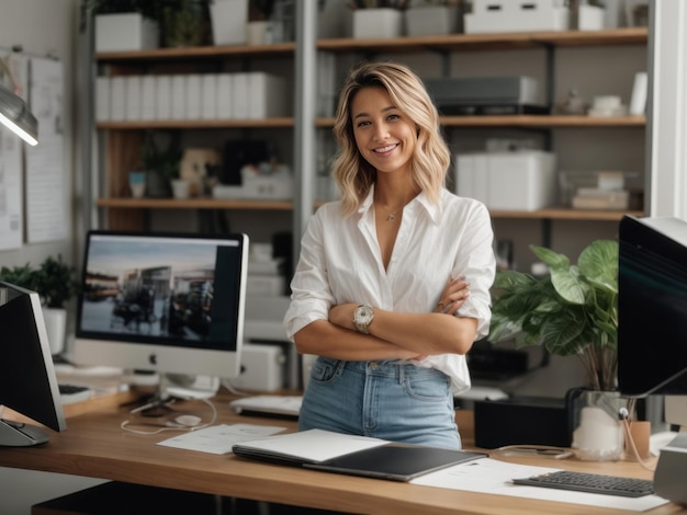 Une créatrice heureuse dans le bureau, plongée dans un moment de contemplation créative.