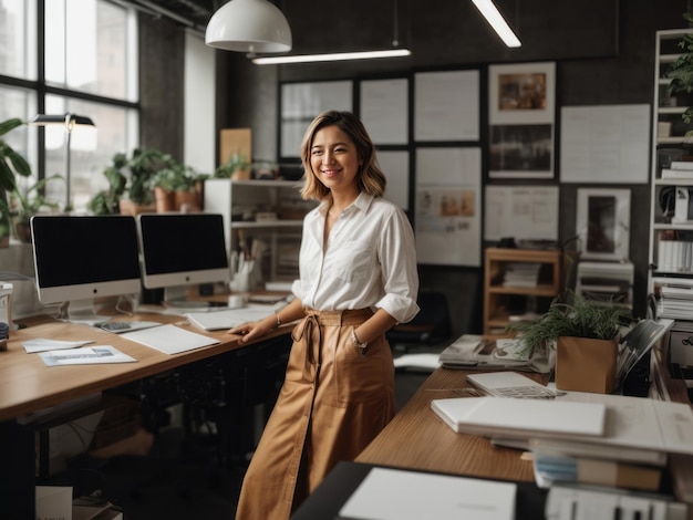 Une créatrice heureuse dans le bureau, plongée dans un moment de contemplation créative.