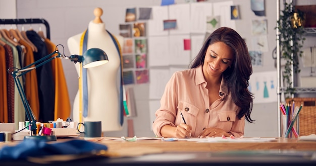 Créatrice De Mode Féminine En Studio Travaillant Sur Des Croquis Et Des Dessins Au Bureau