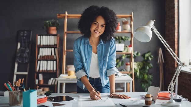 La créatrice de mode travaille dans un studio assise sur le bureau.