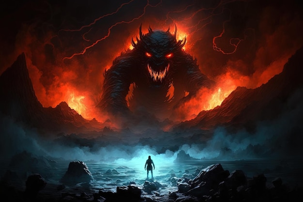 Créature colossale émergeant d'un lac de lave bouillonnante entouré d'ombres menaçantes illustration ai générative
