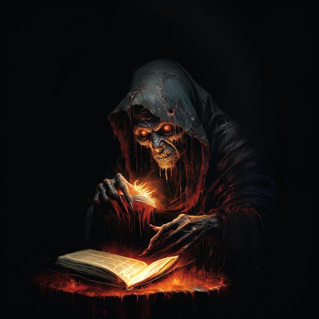 Photo une créature effrayante en train de lire un livre avec un feu en arrière-plan