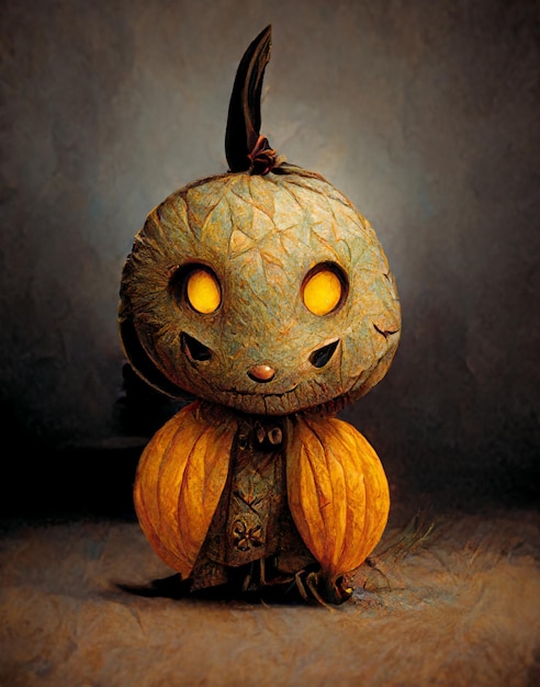 Créature d'halloween mignonne et effrayante tenant une ai générative de citrouille