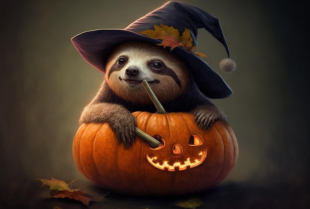 Créature mignonne de paresseux de peinture animale dans une citrouille avec un chapeau de sorcière pour Halloween