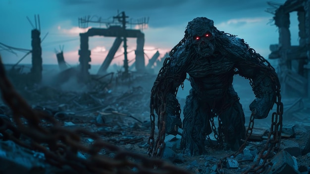 Créature mutante chaînes rouillées regard défiant debout au milieu des ruines dans une terre déserte post-apocalyptique photographie réaliste silhouette éclairage aberration chromatique macro prise