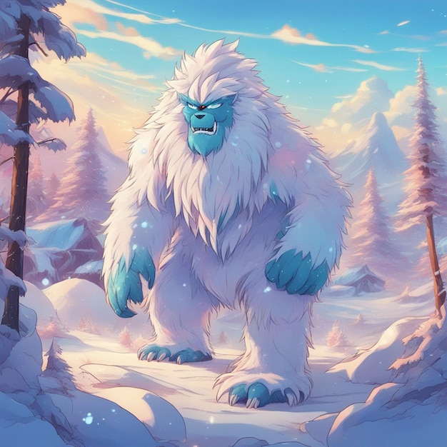 Créature de personnage Furry Yeti dans le paysage d'hiver