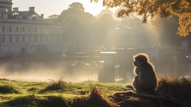 Photo des créatures effrayantes un petit singe observe le lever du soleil dans un paysage britannique traditionnel