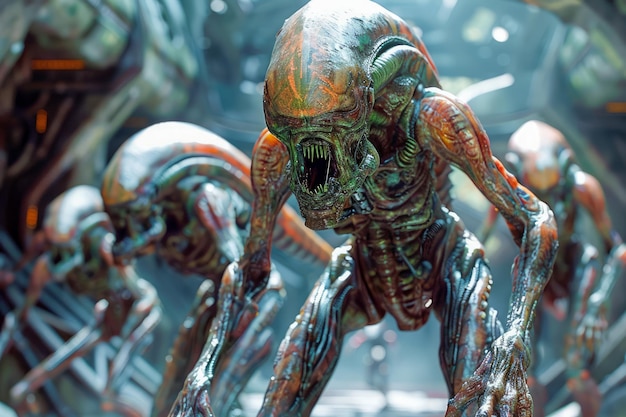 Photo des créatures extraterrestres futuristes dans un décor de science-fiction avec des textures détaillées et un corps métallique