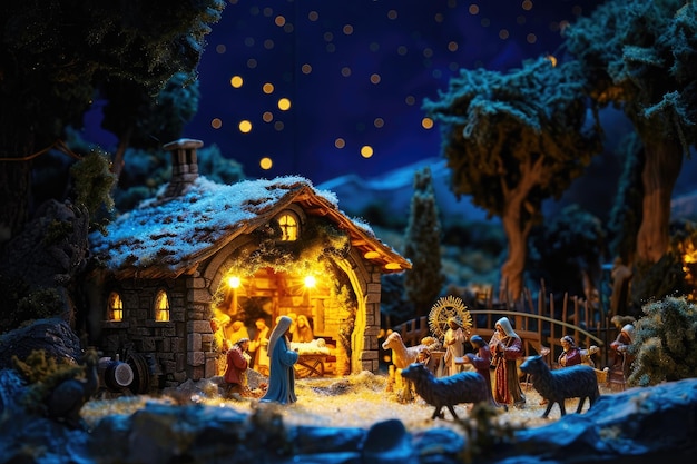 Une crèche avec une crèche avec un enfant Jésus représentant l'histoire biblique traditionnelle de la naissance du Christ Une belle crèche de Noël dans une nuit scintillante AI générée