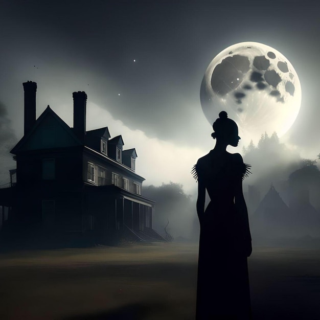 Creepy Lady se tient devant A Creepy Dark Mansion Illustration