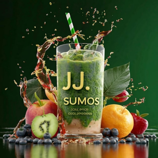 Créer des couleurs rouges fraîches et jaunes image de jus de poudre avec des fruits verts entourant sur le verre de verre