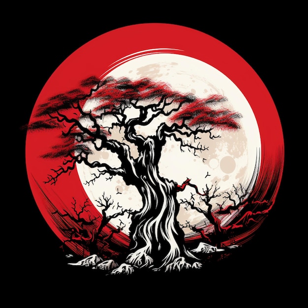 Photo créer un design asiatique rouge blanc noir frais avec des arbres et la lune