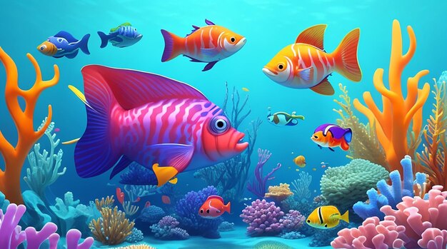 Créer une illustration 3D vivante de poissons de dessins animés colorés dans un monde aquatique joyeux