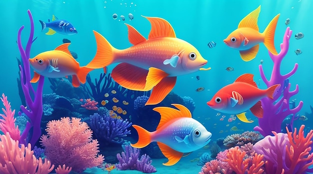 Créer une illustration 3D vivante de poissons de dessins animés colorés dans un monde aquatique joyeux