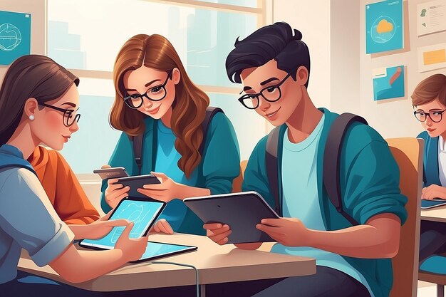 Créer une illustration de style plat d'étudiants utilisant des tablettes numériques pour créer du matériel éducatif interactif