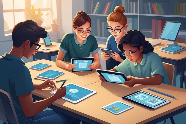 Créer une illustration de style plat d'étudiants utilisant des tablettes numériques pour créer du matériel éducatif interactif