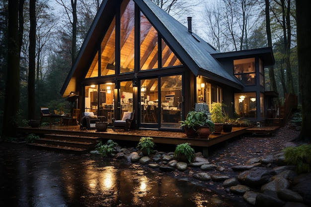 créer une image d'une cabane paisible dans les bois générée par l'IA