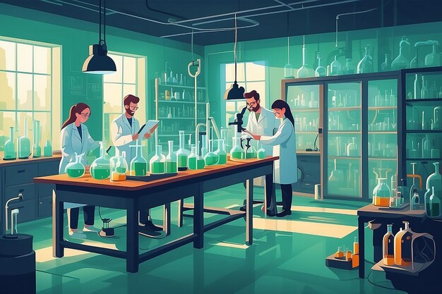 Photo créer une image d'un laboratoire de chimie avec des étudiants effectuant des recherches sur des solutions énergétiques durables illustration vectorielle en style plat