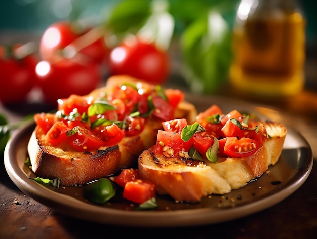 Créer une image réaliste d'une tomate et basilic Bruschetta