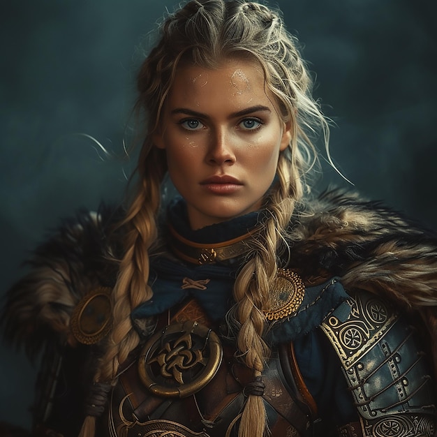 Créer une merveilleuse image emblématique d'une guerrière nordique posant comme rivetant Rosie