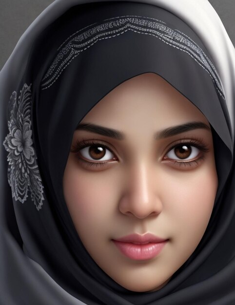 Créer une photo pour une fille avec un hijab écrire œil noir peau blanche courte nez moyen et bouche