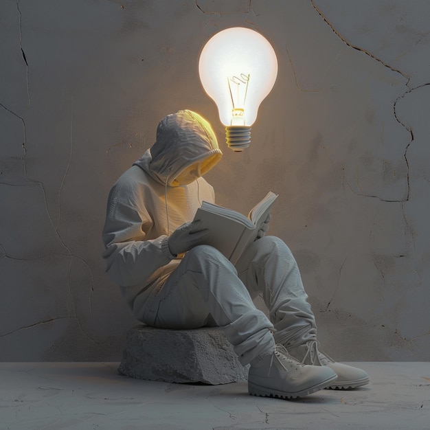 Créer un rendu 3D d'un homme assis sur le sol en train de lire un livre avec une ampoule d'idée éclairée au-dessus Cette conception conceptuelle devrait représenter l'IA générative