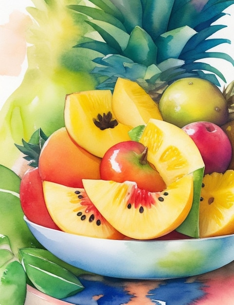 Créez une aquarelle vibrante et colorée représentant un bol de fruits tropicaux débordant de mangue.