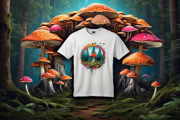 Photo créez un dessin de t-shirt psychédélique avec des champignons magiques dans la forêt avec de hauts arbres à fond blanc