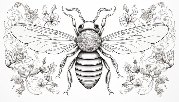 Créez une illustration de contour dessinée à la main qui met en évidence les détails complexes de l'anatomie d'une abeille, y compris ses ailes, ses antennes et ses segments corporels.