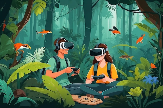 Créez une image d'étudiants utilisant des casques VR pour explorer la biodiversité des écosystèmes de la forêt tropicale