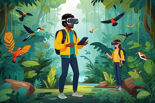 Photo créez une image d'étudiants utilisant des casques vr pour explorer la biodiversité des écosystèmes de la forêt tropicale