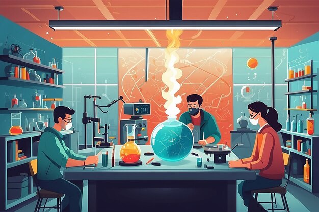 Photo créez une image d'un laboratoire de physique avec des étudiants expérimentant les principes de la thermodynamique