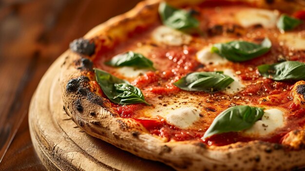 Créez une image d'une Pizza Napoletana avec une croûte mousseuse carbonisée, une sauce tomate vibrante, de la mozzarella fraîche et des feuilles de basilic.