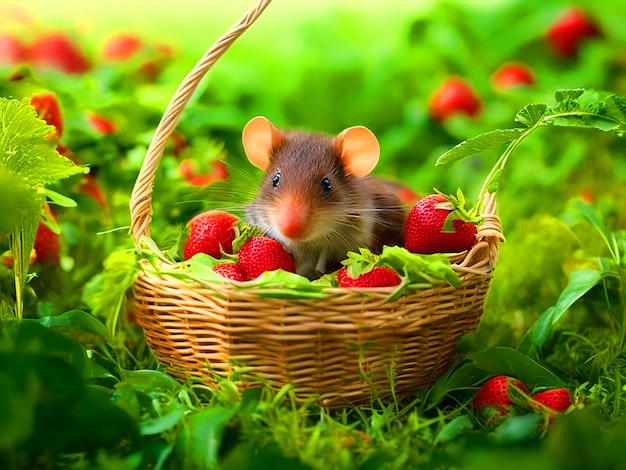 Créez une image de la souris mignonne qui sort du panier et s'enfuit dans la précipitation pour échapper au destin.