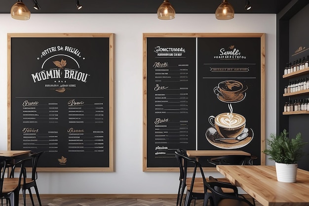 Créez une maquette de marque pour un café incorporant le logo dans des tableaux de menu et des œuvres d'art murales. Maquette avec un espace vide pour placer votre design.