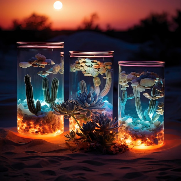 Créez une nuit de désert bioluminescente avec du sable brillant et une flore désertique mystique