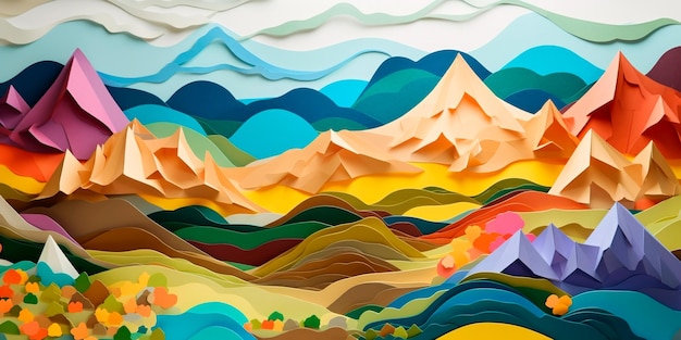 Créez un paysage d'art papier avec différentes caractéristiques géographiques telles que des montagnes et des rivières AI générative