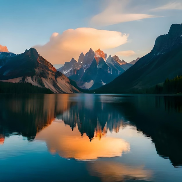 Créez un paysage époustouflant avec un coucher de soleil vibrant sur les montagnes et un lac réfléchissant