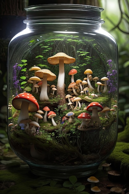 Créez une représentation fascinante et très détaillée d'une majestueuse jungle de champignons à l'intérieur d'un pot